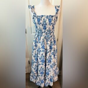 Haute Hippie Cottagecore Blue & White Floral Midi Smocked Dress Women's Floral